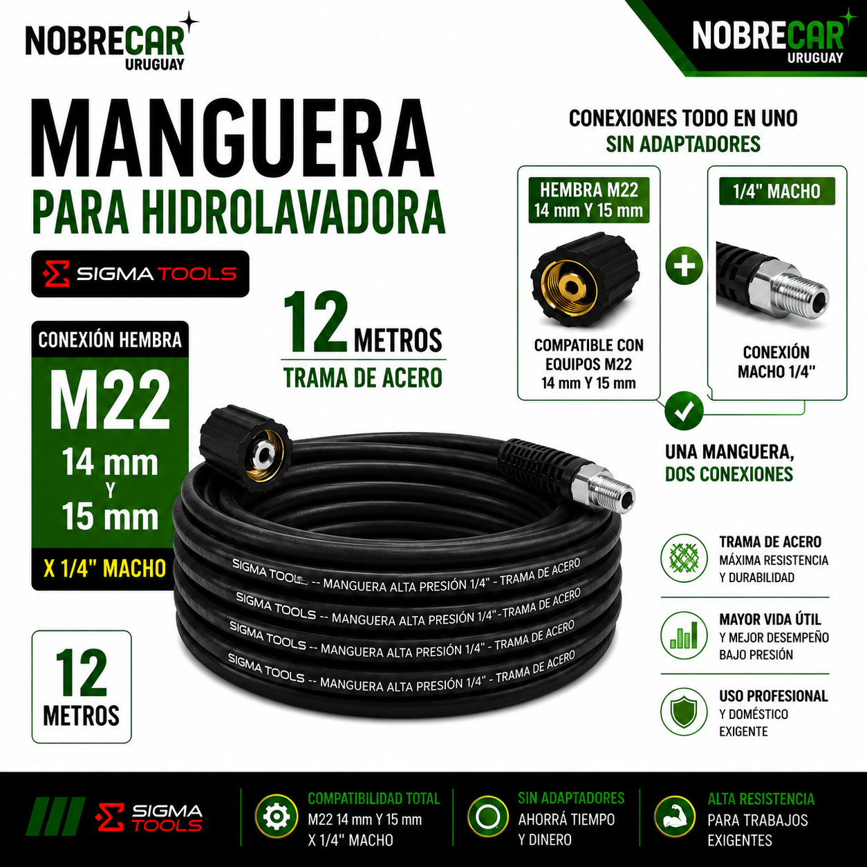 Manguera para Hidrolavadora 12m con Trama de Acero M22 14/15mm X 1/4 macho