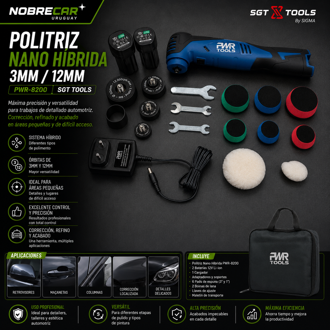 Pulidora Nano Híbrida Inalámbrica 3 en 1 – Rotativa + Orbital 3 mm + Orbital 12 mm