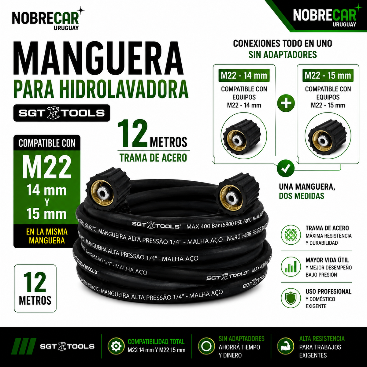 Manguera para Hidrolavadora 12m con Trama de Acero M22 14/15mm
