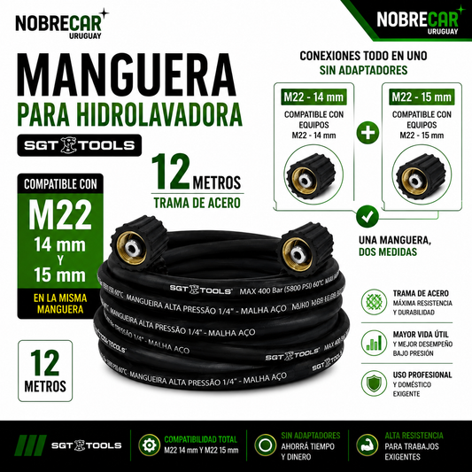 Manguera para Hidrolavadora 12m con Trama de Acero M22 14/15mm