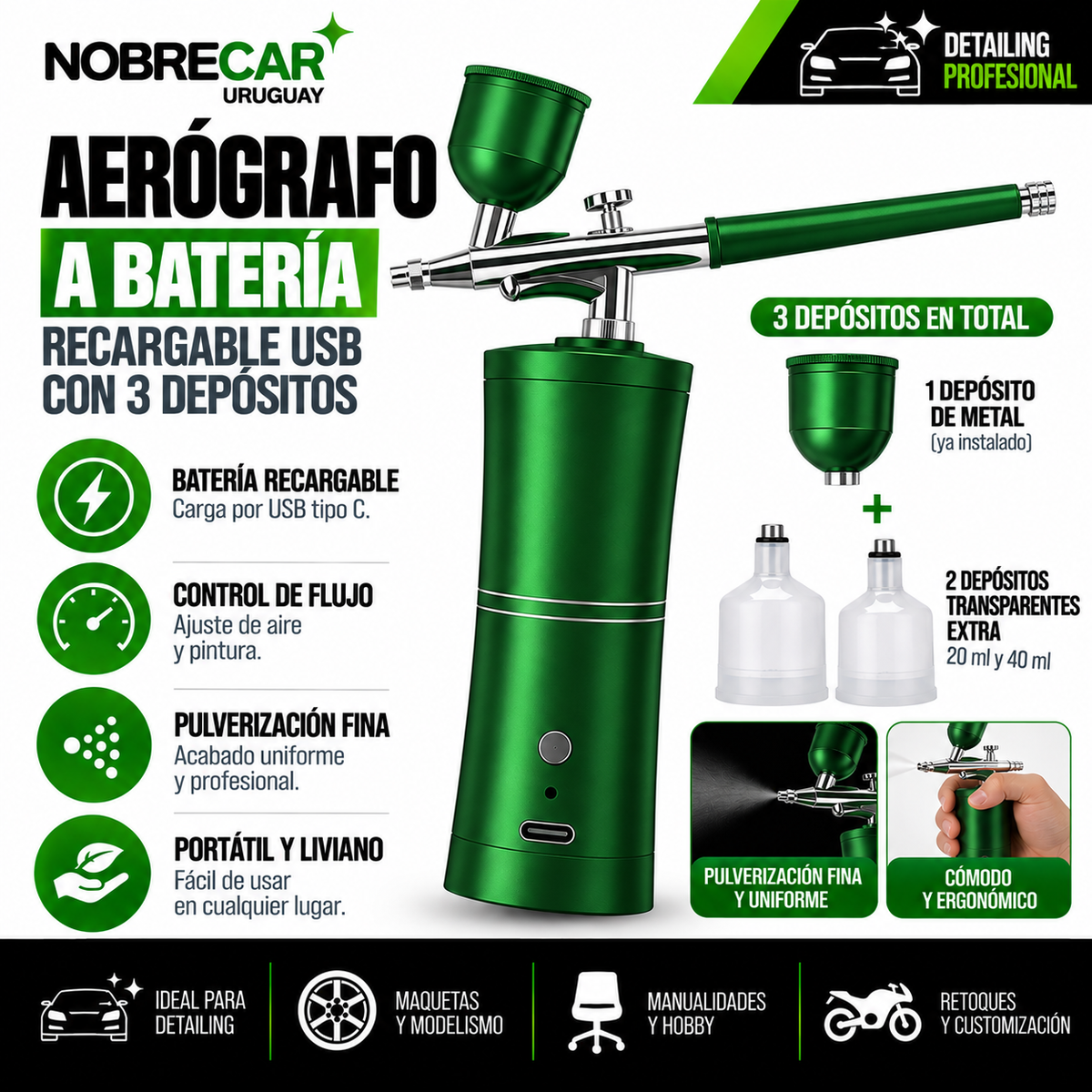 Aerógrafo a Batería Recargable USB con 3 Depósitos
