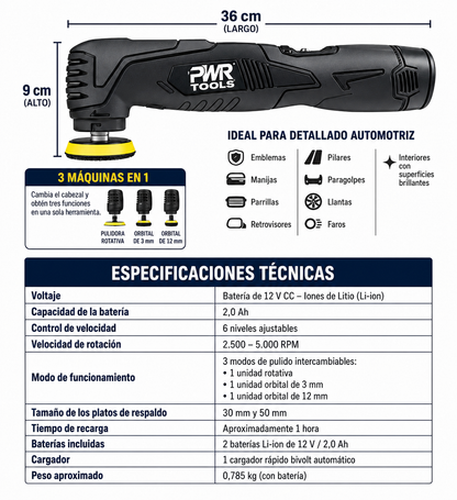 Pulidora Nano Híbrida Inalámbrica 3 en 1 – Rotativa + Orbital 3 mm + Orbital 12 mm