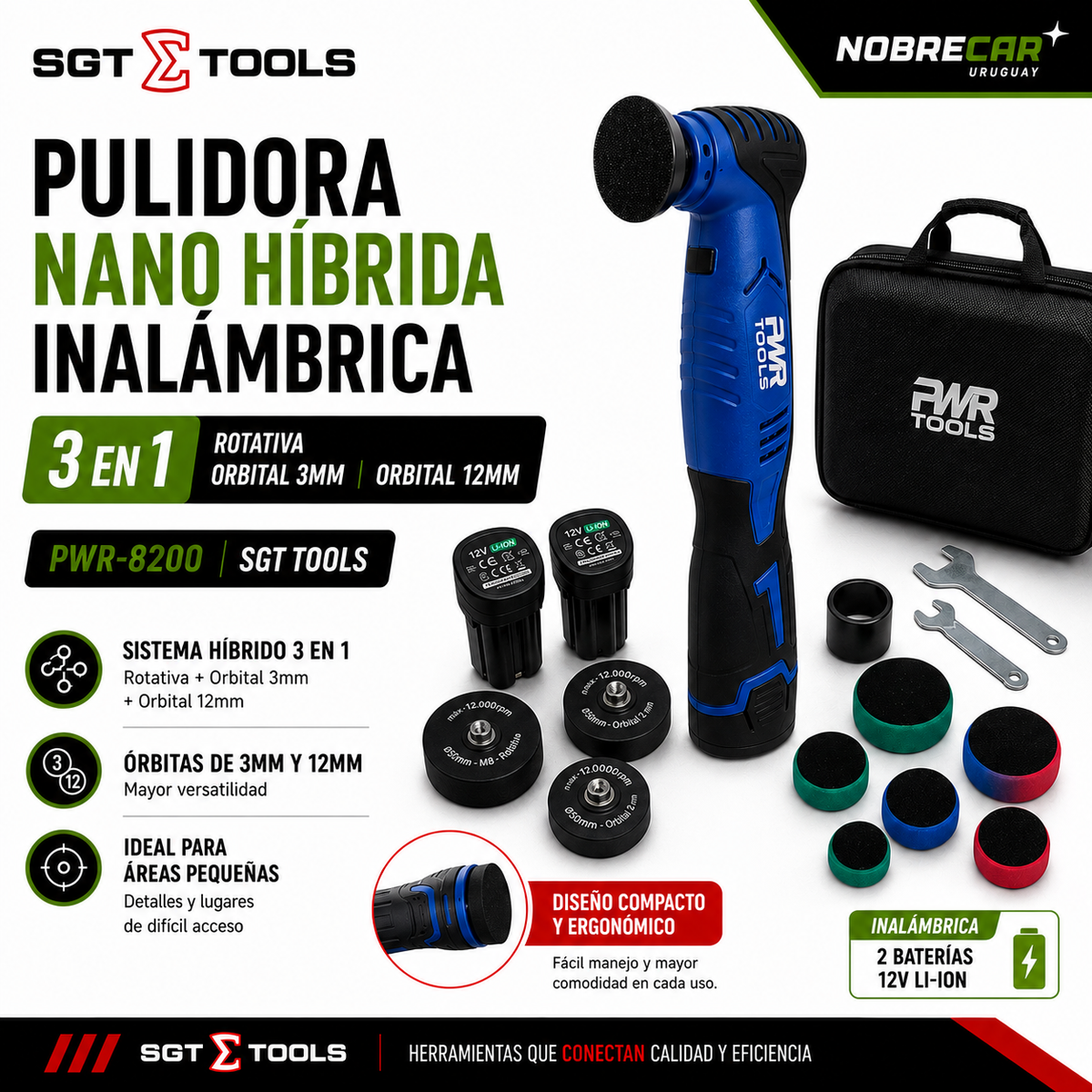 Pulidora Nano Híbrida Inalámbrica 3 en 1 – Rotativa + Orbital 3 mm + Orbital 12 mm